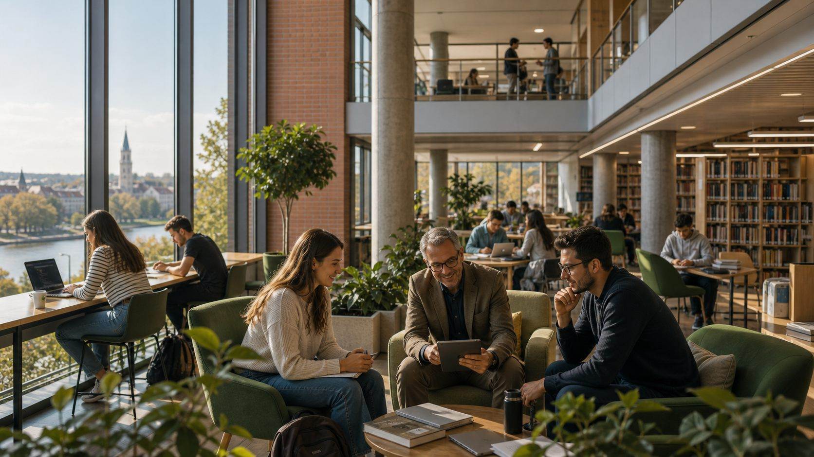 Pannonian University library commons with students studying and meeting