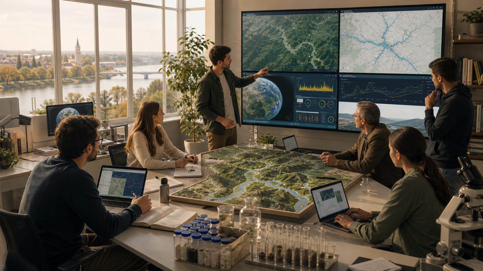 Researchers reviewing geospatial maps and river basin models in a data studio