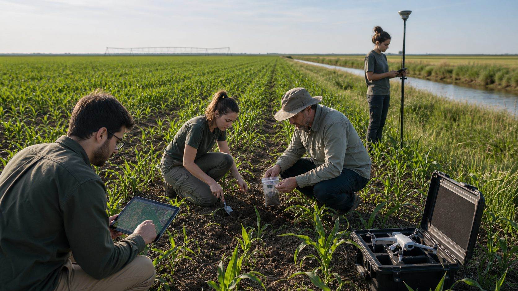 Researchers collecting soil samples in a Pannonian crop field